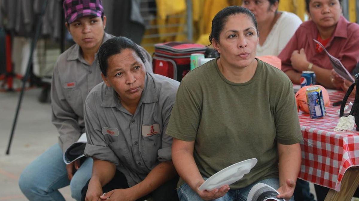 Marta Maravilla, (left with hat) Gladys Zelaya, (center) and Carlota Asencio, (right) listen to a navigator from Epilepsy Foundation of Florida speak to uninsured Hispanic nursery workers about Obamacare during their lunch break, at Plants In Design, a bromeliad nursery, located at 20905 SW 162nd Ave in Homestead, in October 2013. Since then, more than 4 million Hispanics have gained health insurance, federal officials report.