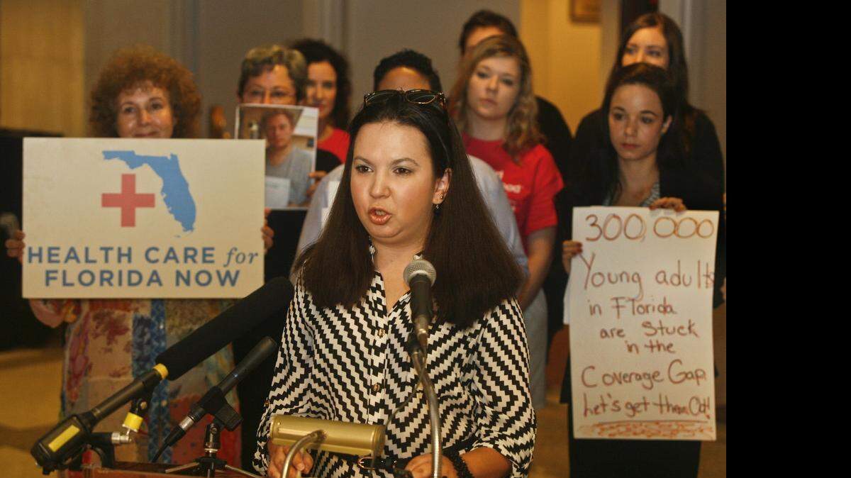 
Isabel Betancourt speaks at the Capitol in Tallahassee on April 15, 2015. Betancourt, a resident of Hialeah with rheumatoid arthritis, began paying for her health plan out of pocket after five months of being uninsured because she falls into the Medicaid coverage gap. 
