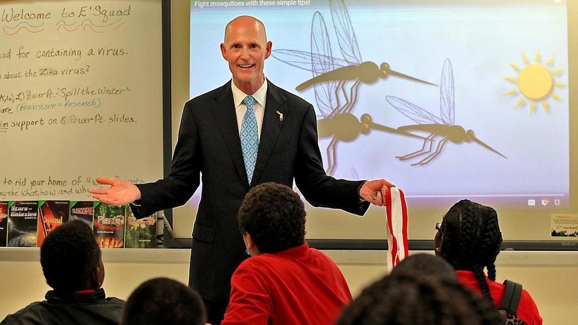 Florida Gov. Rick Scott visits a class at Jose De Diego Middle School in Wynwood on Monday, Aug. 22, 2016. The students had been learning about the Zika Virus and the different ways to prevent it.