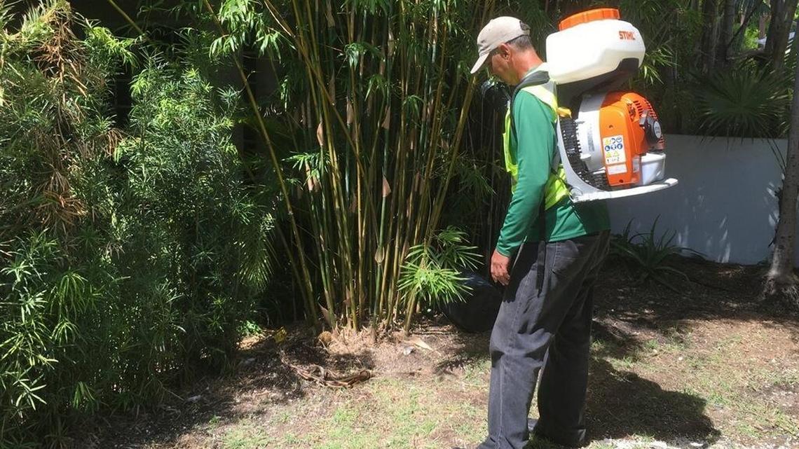 A mosquito control worker uses a backpack fogger on Saturday to spray insecticide near the area where Miami-Dade County officials announced they had captured more mosquitoes carrying Zika virus. The mosquitoes were retrieved on Sept. 20 from a trap at 575 W 49th St. in Miami Beach, within the expanded zone of transmission identified on Sept. 16.