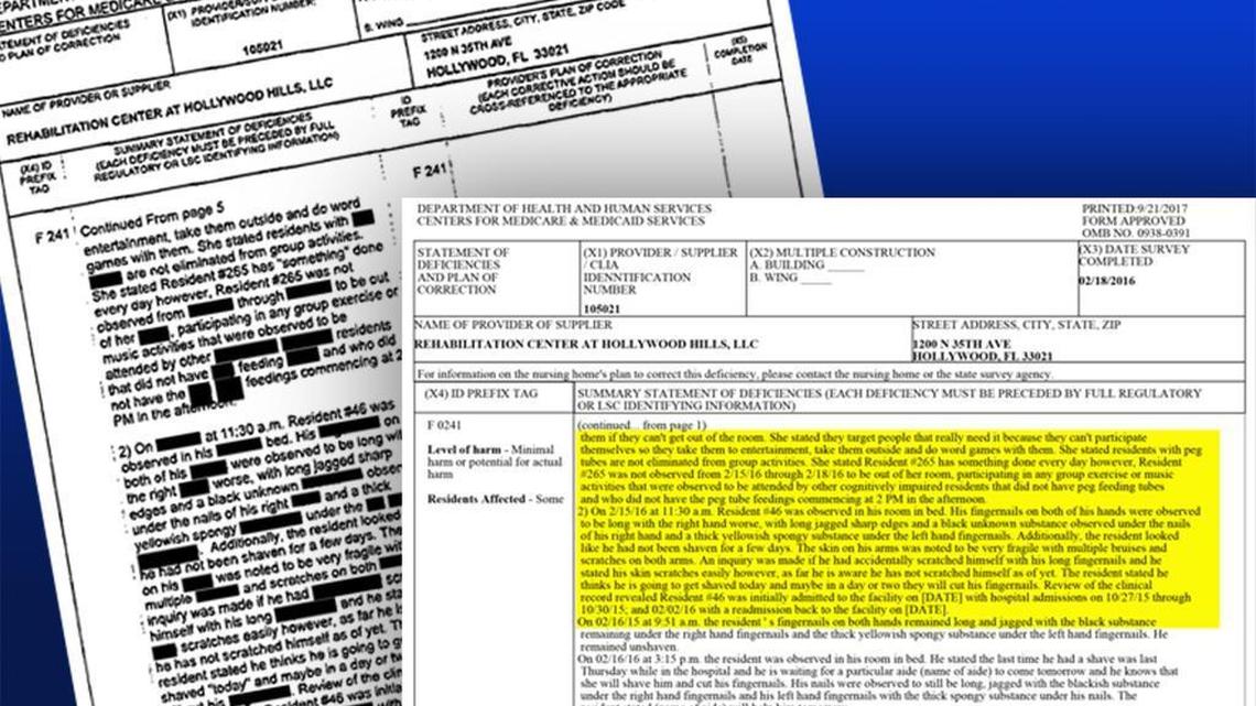 In the foreground is a document detailing the findings of a Feb. 2016 inspection at the Rehabilitation Center at Hollywood Hills obtained from a federal agency, the Center for Medicare and Medicaid Services. Behind it is the state’s version of the same document, from the Agency for Health Care Administration, showing how it has been redacted before being released to the public.