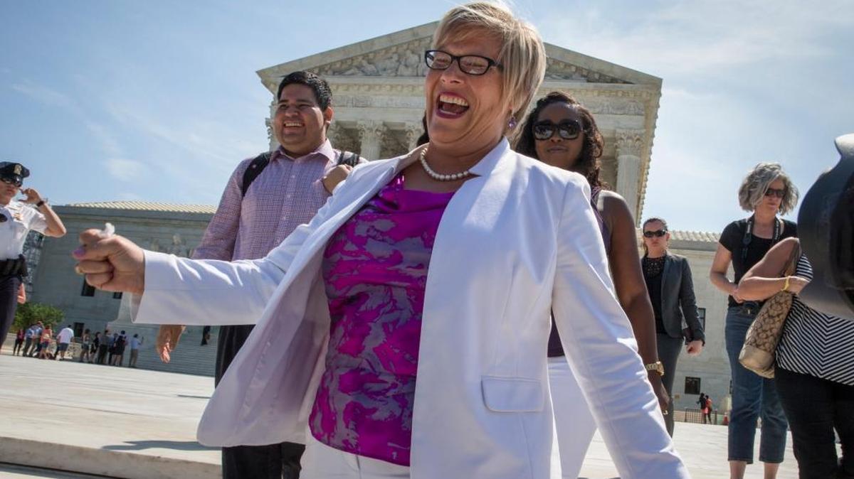 Amy Hagstrom Miller, founder of Whole Woman’s Health, a Texas health that provides abortions, rejoices as she leaves the Supreme Court in Washington, Monday, June 27, 2016, as the justices struck down the strict Texas anti-abortion restriction law known as HB2.