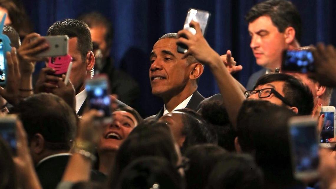 President Barack Obama, surrounded by a sea of “Young Invincibles” at Miami-Dade College, where Obama delivered a speech about historic coverage gains and remaining challenges for the Affordable Care Act on Oct. 20, 2016.