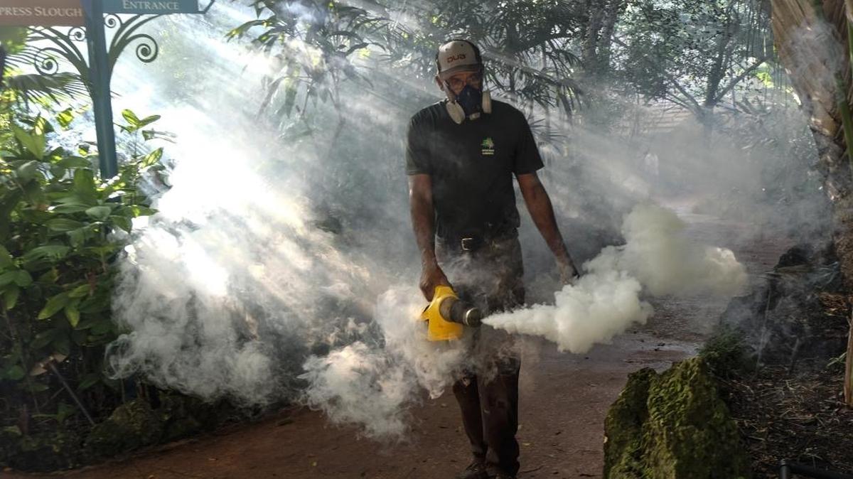 Fran Middlebrooks, a groundskeeper at Pinecrest Gardens, sprays pesticide with a fogger to kill mosquitoes during a Zika outbreak in Miami-Dade in August 2016. With Zika waning in the Caribbean and South America — and no local cases reported in Florida this year — the Centers for Disease Control and Prevention said it was deactivating the Zika emergency response center and transitioning to treating the virus as an ongoing concern.