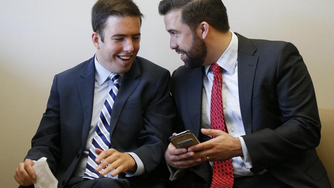 Cole Clancy, left, with his brother Conor Clancy, at right, during the dedication ceremony of the Mount Sinai Medical Center Autism Clinic on Thursday, January 19, 2017. Cole Clancy is a 27-year-old autistic adult who has visited the clinic to receive medical care.