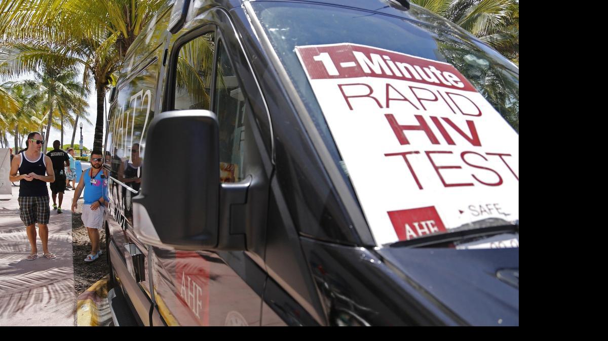 
A van parked advertises HIV testing at The Palace Bar's Sunday Bunch on Sunday, June 7, 2015.

