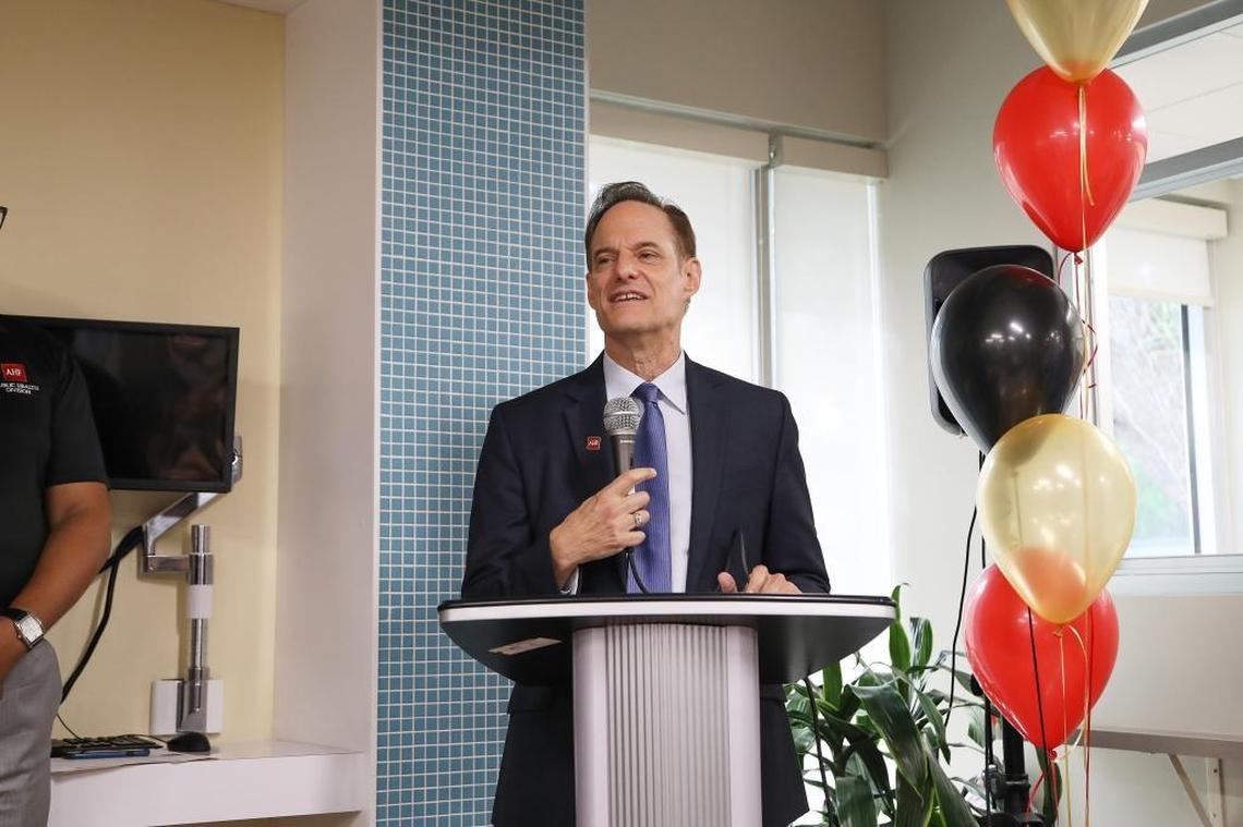Michael Weinstein, president and CEO of the AIDS Healthcare Foundation addresses crowd at opening of the Broward Wellness Center.