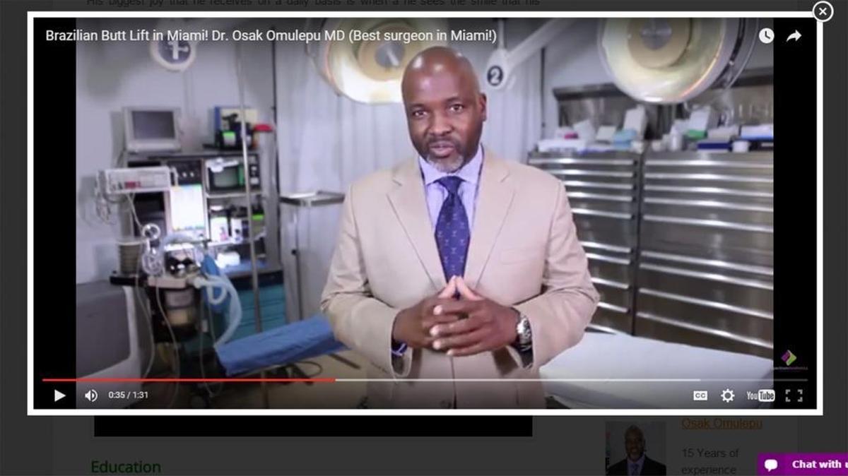Miami Dr. Osakatukei “Osak” Omulepu was restricted by Florida health officials from performing liposuction and other procedures after injuries to four patients last year. This image was taken from a YouTube video embedded on the website for Spectrum-Aesthetics Center for Cosmetic Surgery.