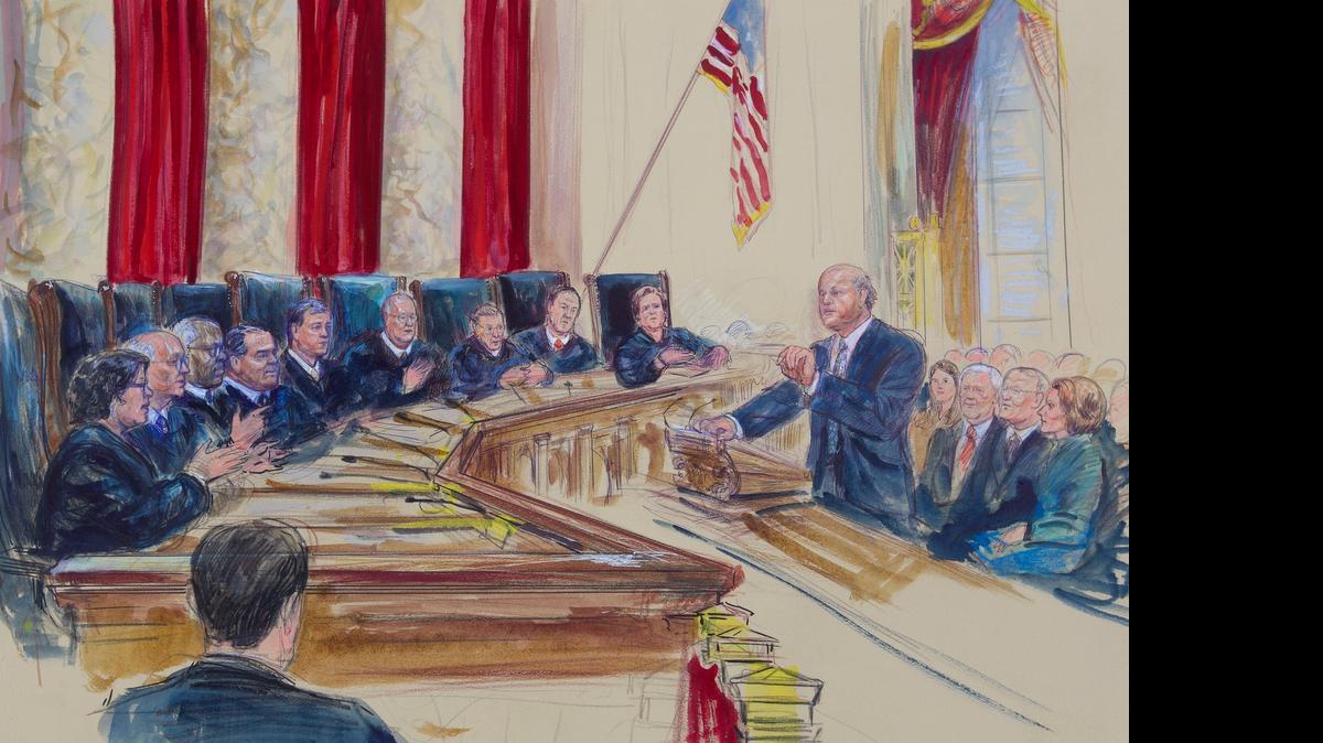 
HEALTHCARE SUBSIDIES: This courtroom artist rendering shows Michael Carvin, lead attorney for the petitioners,, right, speaking before the Supreme Court in Washington, Wednesday, March 4, 2015, a the court heard arguments in King v. Burwell, a major test of President Barack Obama's health overhaul which, if successful, could halt health care premium subsidies in all the states where the federal government runs the insurance marketplaces. Seated, left, from left are, Justice Sonia Sotomayor, Stephen Breyer, Clarence Thomas, Antonin Scalia, Chief Justice John Roberts, Anthony Kennedy, Ruth Bader Ginsburg, Samuel Alito, and Elena Kagan.
