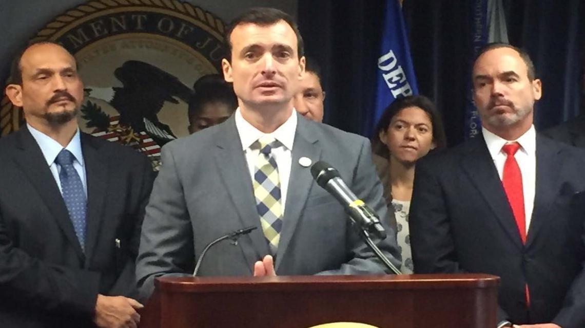 Wifredo A. Ferrer, United States Attorney for the Southern District of Florida, announces the filing of federal charges against more than 100 defendants in 81 separate cases, dealing with over 30,000 stolen identities and the intended theft of over $60 million dollars from individuals, businesses and government agencies through fraudulent schemes, during a press conference at the U.S. Attorney's office in Miami on Tuesday, Jan. 31, 2017.