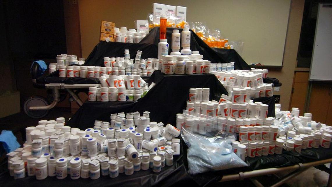 
PILLS AND PILLS: Pills turned in by pain clinics to meet the deadline for a new law in Florida that tries to regulate the dangerous spread of pill mills and increase in deaths from prescription drug overdose. According to the Florida Department of Law Enforcement, these drugs are worth over $1 million on the street. The drugs were put on display at a press conference where Gov. Rick Scott talked about the problem. August 15, 2011.
