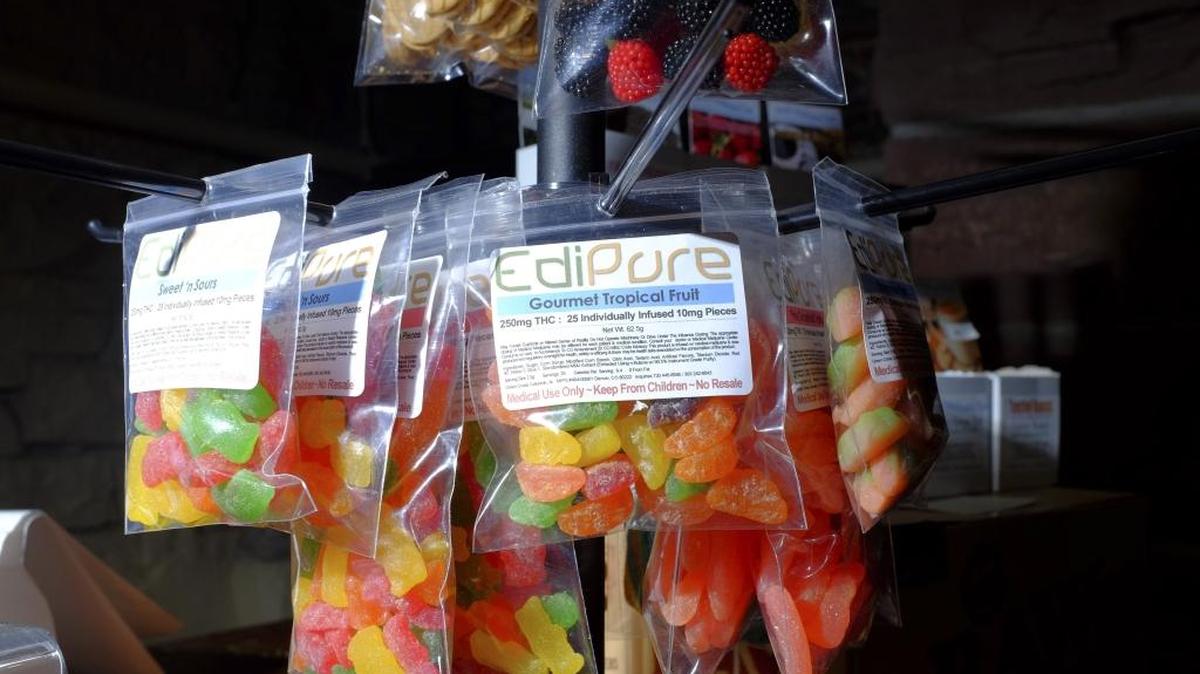 Packages of marijuana-infused candies for sale at the LoDo Wellness Center in Denver.
