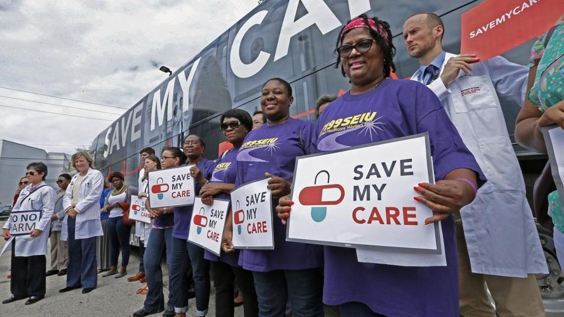 House Republicans’ bill to repeal and replace the Affordable Care Act would cap spending for Medicaid, which covers an estimated 4.3 million Floridians. A cap per Medicaid beneficiary as proposed under the legislation could force Florida hospitals and counties to spend more to cover low-income and uninsured residents, experts say. In this photo, cancer survivor Margalie Williams and others show their support during rally in Miami on March 2.