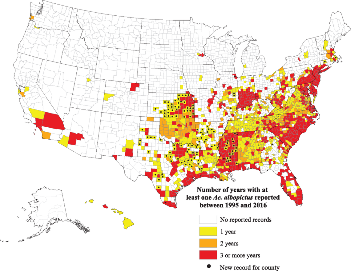 Reported presence of Aedes albopictus by county between January 1995 and December 2016, based on collection records. Counties with black dots had new surveillance records showing the presence of Aedes albopictus. Counties shown in white had no reported presence of this mosquito during the same time period.