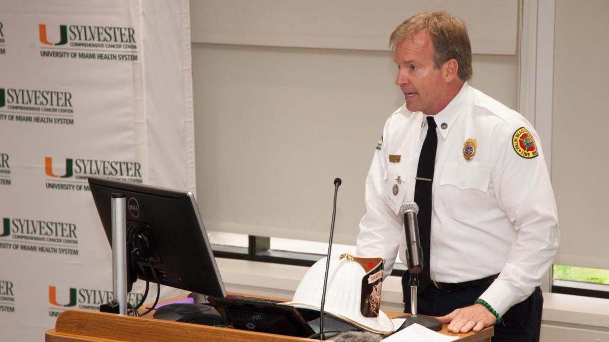 Chief Samuel Eaton discusses new research into cancer rates among firefighters at the University of Miami’s Sylvester Comprehensive Cancer Center on June 16