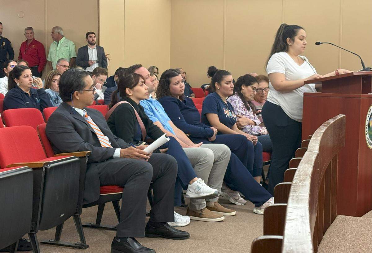 Victoria Valdes, a labor and delivery nurse at Palmetto General Hospital who is expecting twins, tells Hialeah’s City Council on Jan. 28, 2025 that she is deeply concerned she won’t be able to give birth at Palmetto if the maternity unit shuts down. If the unit closes, the closest options are more than 11 miles away, at Jackson North Medical Center in North Miami-Dade and Memorial Miramar in Broward County, creating a serious and stressful challenge for her and other expectant mothers in the community.