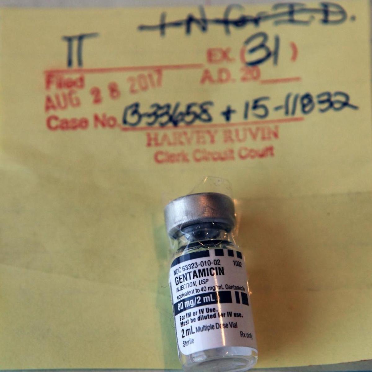 A vial of Gentamicin presented as evidence in the case of Miguel Diaz against Leon Medical Centers, one of Miami’s most popular Medicare clinics. According to a medical malpractice lawsuit, Diaz was blinded during cataract surgery when an ophthalmologist working for Leon Medical Centers blinded him by injecting Gentamicin into his eye — contrary to the prescribed use. A Miami jury awarded Diaz and his wife, Esther Diaz, a $13 million verdict in August.