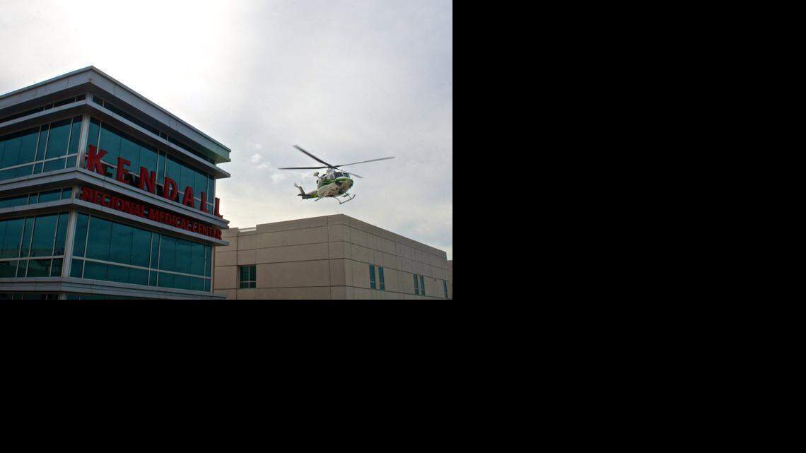 
A Miami-Dade Fire Rescue Helicopter takes off from Kendall Regional Medical Center.
