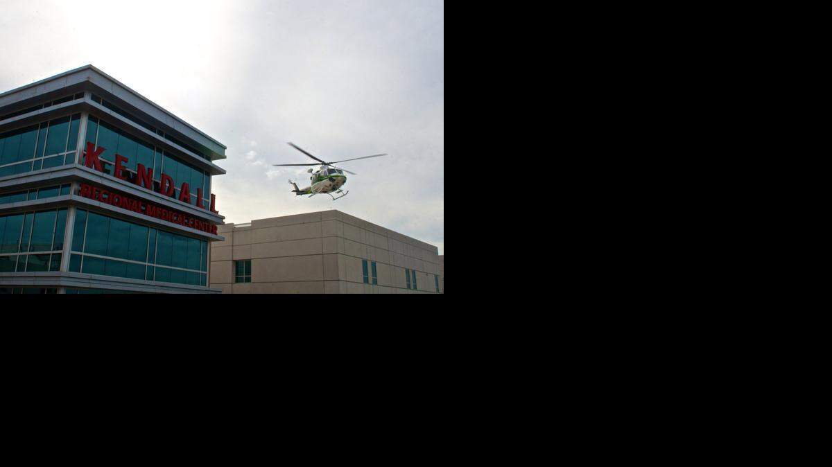 
A Miami-Dade Fire Rescue Helicopter takes off from Kendall Regional Medical Center.
