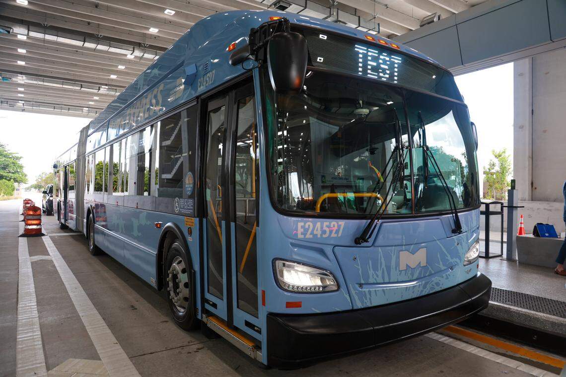 A general view of an electric bus on the boarding platform of the Metro Express BRT station at SW 168th Street on the South Dade TransitWay in Miami, Florida, Wednesday, October 1, 2025.
