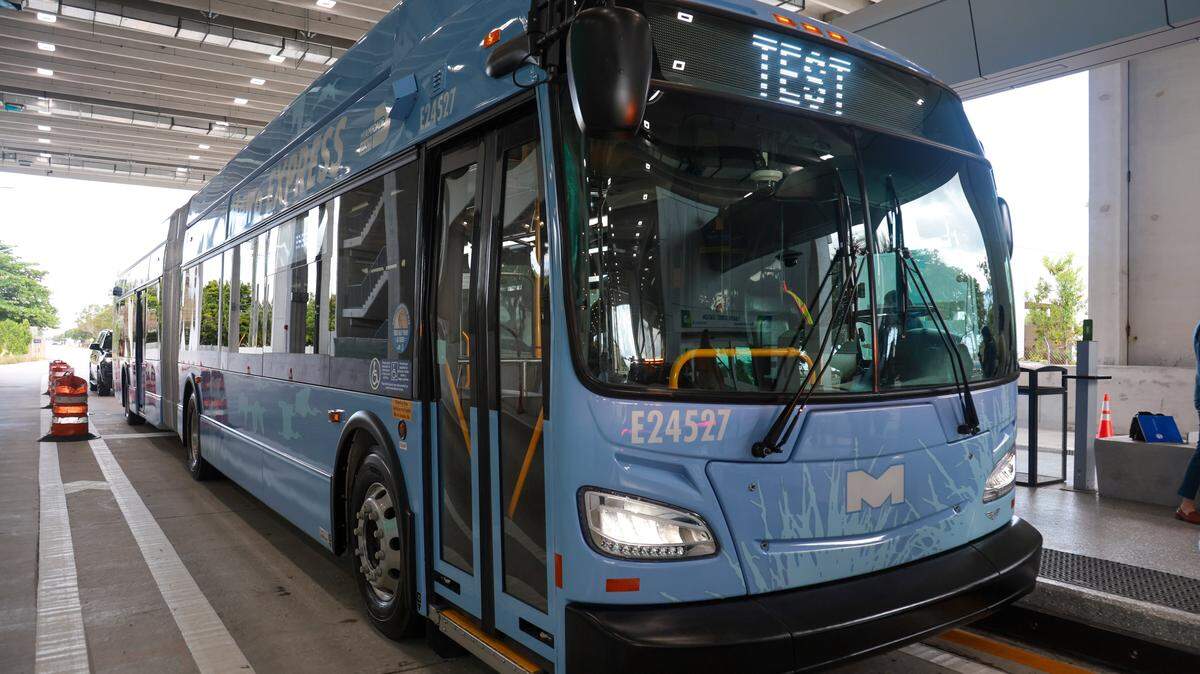 A general view of an electric bus on the boarding platform of the Metro Express BRT station at SW 168th Street on the South Dade TransitWay in Miami, Florida, Wednesday, October 1, 2025.