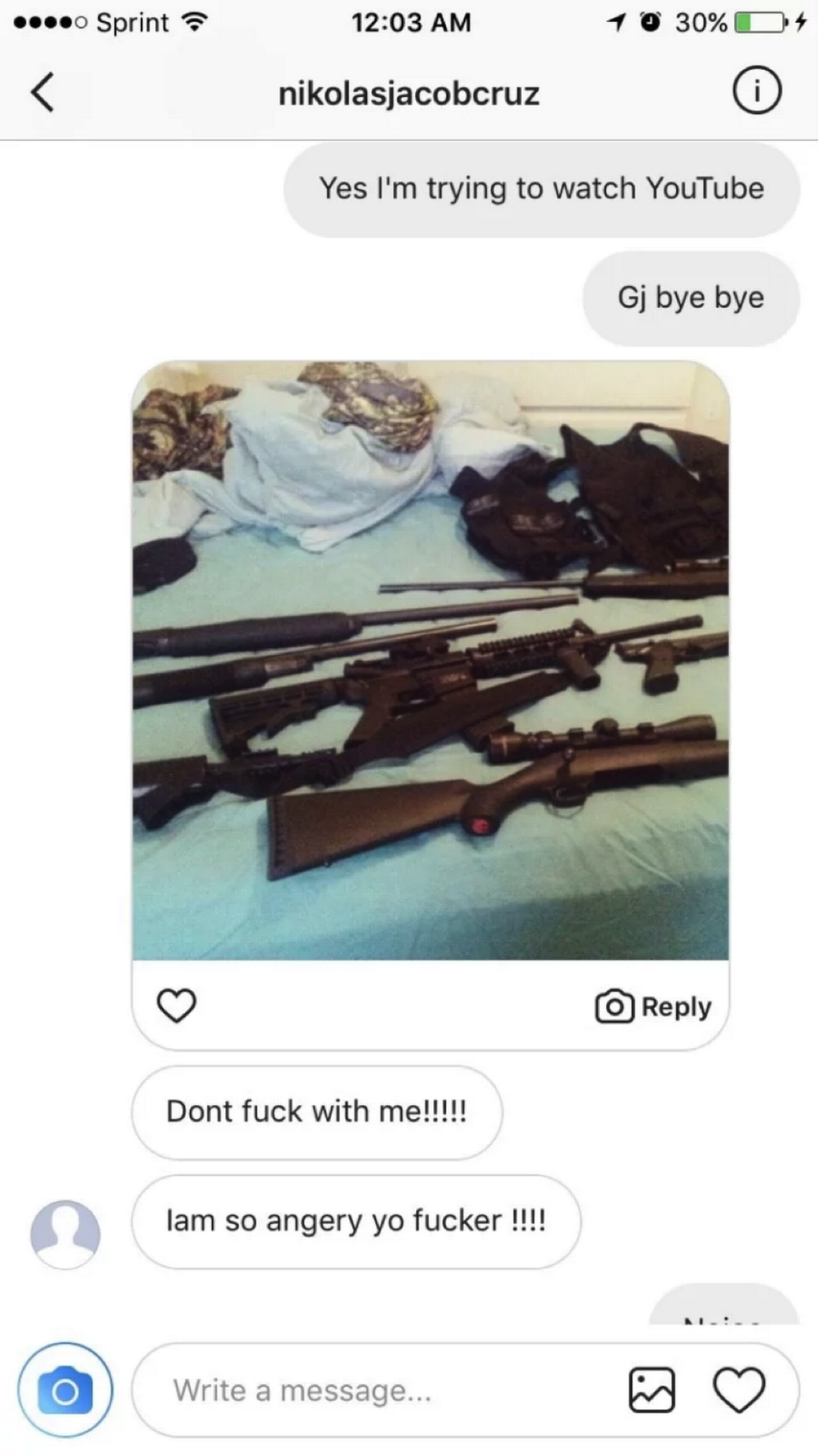 Nikolas Cruz sent this photo of firearms to an ex-classmate he threatened on Instagram. The weapons include three rifles, two shotguns and one pistol. The AR-15, center, is a Smith & Wesson M&P15, independent weapons expert Michael Limatola told the Miami Herald.