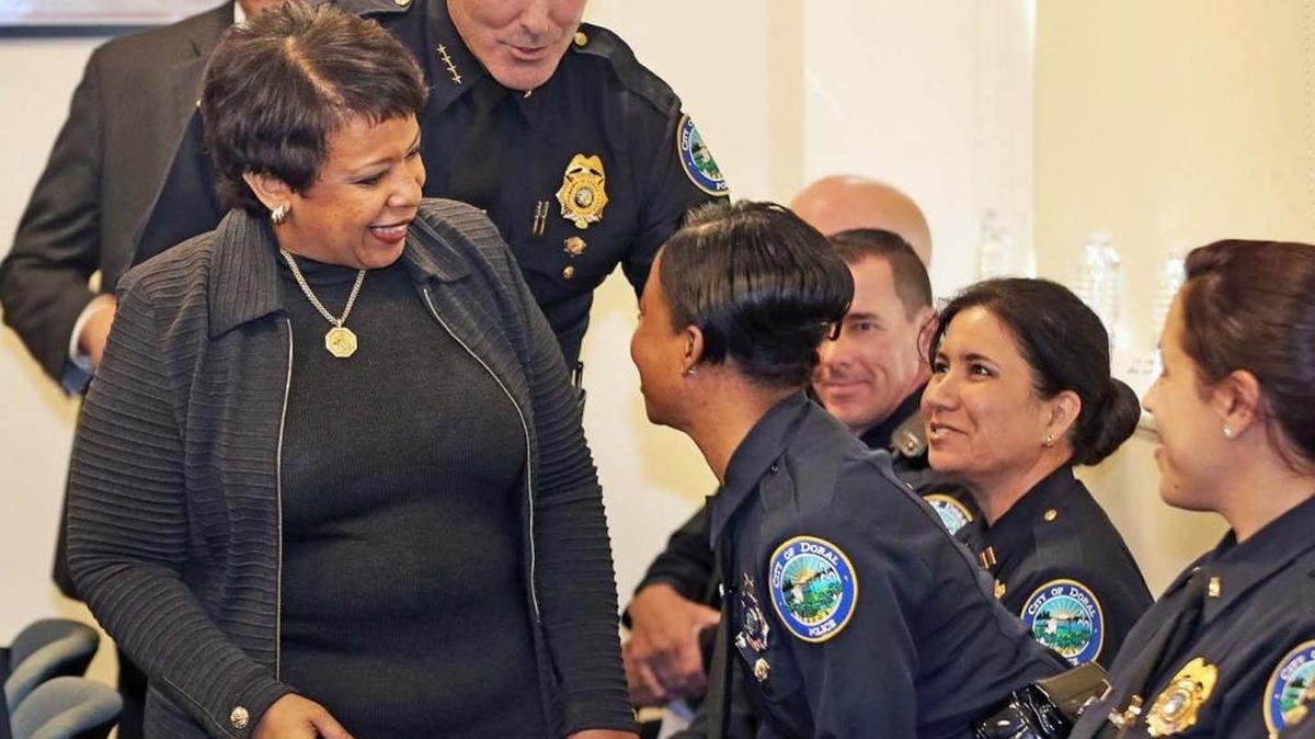 Attorney General Loretta Lynch visits the City of Doral Police Department as Police Chief Donals De Lucca introduces the attorney general to his staff as she launches her National Community Policing Tour on Thursday, Feb/. 11, 2016