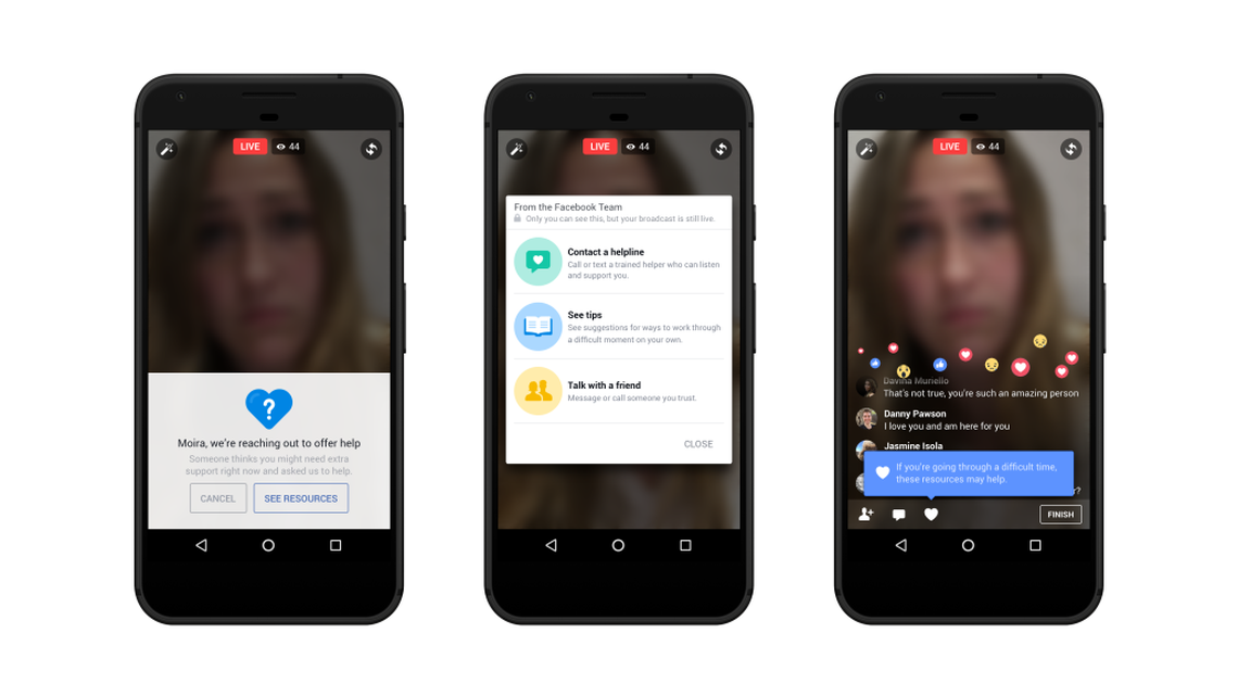 Facebook is introducing new tools to offer resources in-app to suicidal people streaming on Facebook live. This is what a broadcaster whose video was reported would see.