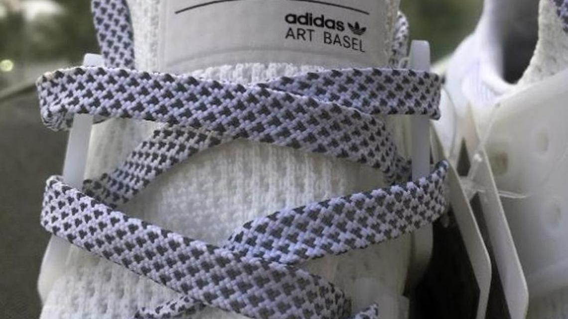 The limited edition “Art Basel” adidas sneaker, shown here in a court filing. Art Basel, the annual Miami art fair, is suing adidas for trademark infringement.