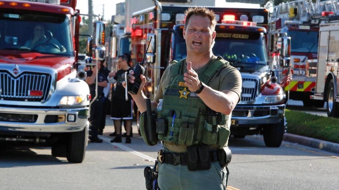 A Broward Sheriff’s deputy addressed the media after the shooting at Marjory Stoneman Douglas High School in Parkland on Wednesday, February 14, 2017.
