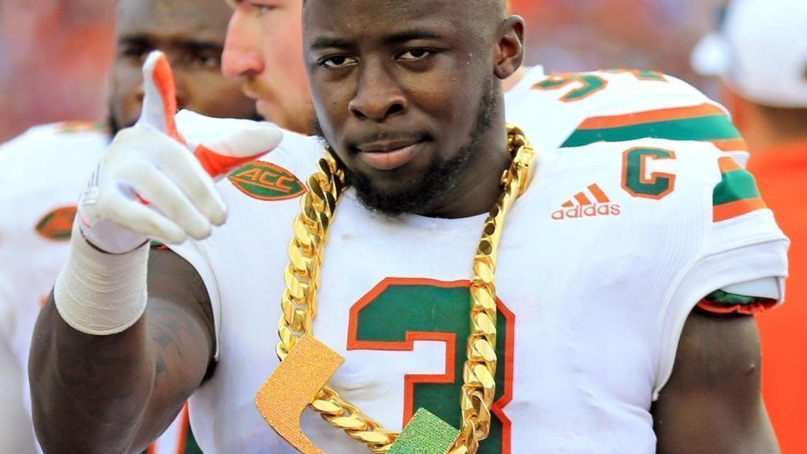 Miami Hurricanes defensive back Dee Delaney (3) with the turnover chain after intercepting a pass as the Seminoles host the Miami Hurricanes at Doak Campbell Stadium in Tallahassee on Saturday, Oct. 7, 2017.