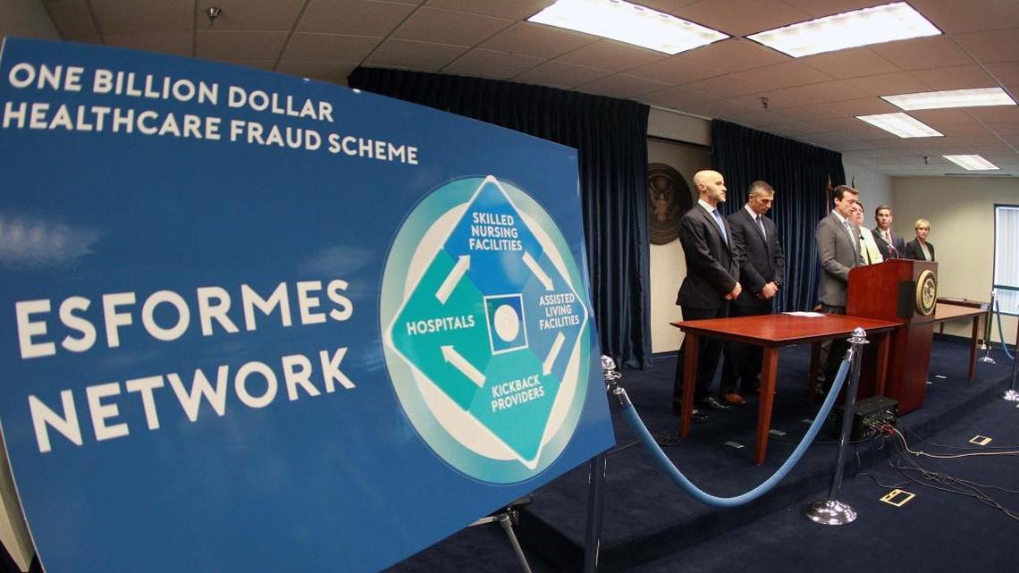 U.S. Attorney Wifredo Ferrer and other federal authorities unveil a $1 billion Medicare fraud case against Miami Beach businessman Philip Esformes at a news conference after his arrest in July of last year.