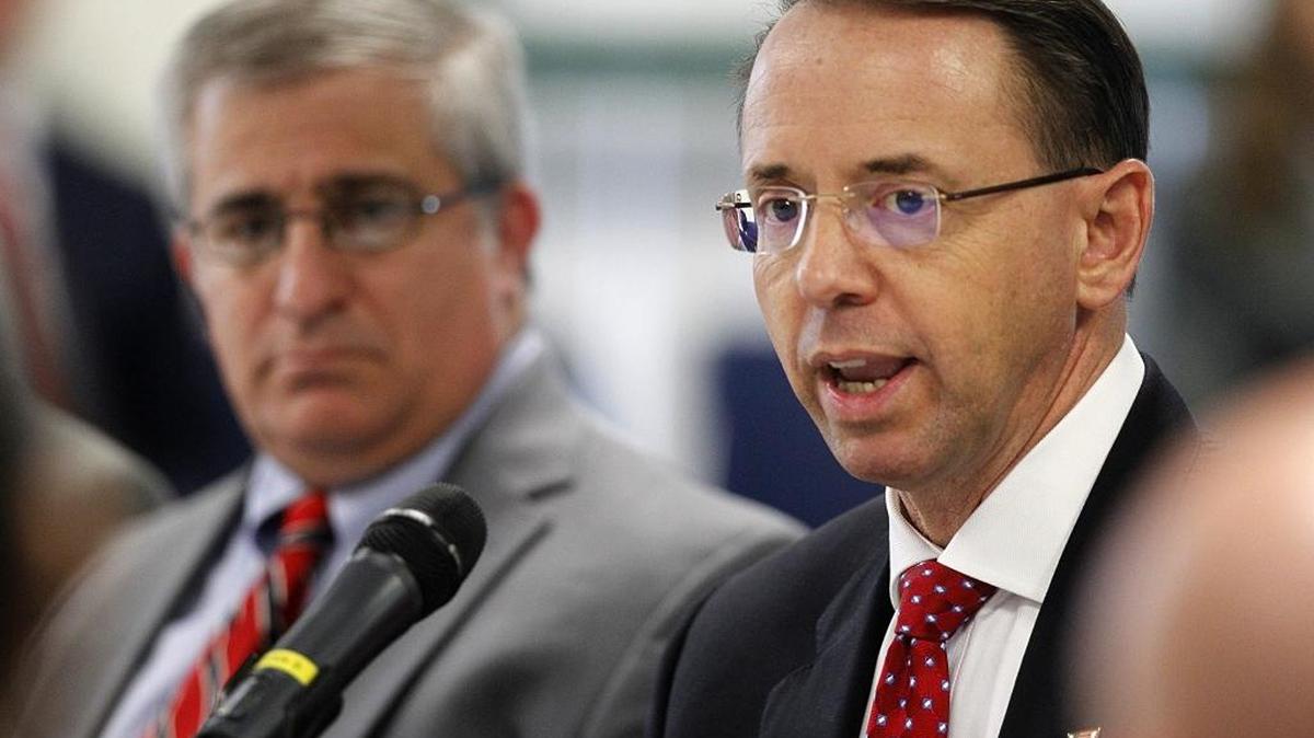 Rod Rosenstein, right, the deputy attorney general, joined Benjamin Greenberg, left, the U.S. Attorney in Miami, during a roundtable discussion about efforts to combat human trafficking in South Florida.