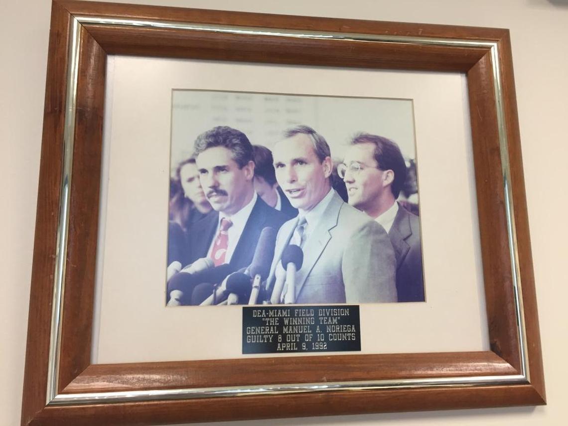 Federal prosecutor Pat Sullivan, center, speaks at a news conference following the conviction of ex-Panamanian dictator Manuel Noriega on drug-trafficking charges in 1992. Sullivan is flanked by fellow prosecutors Myles Malman and Guy Lewis.