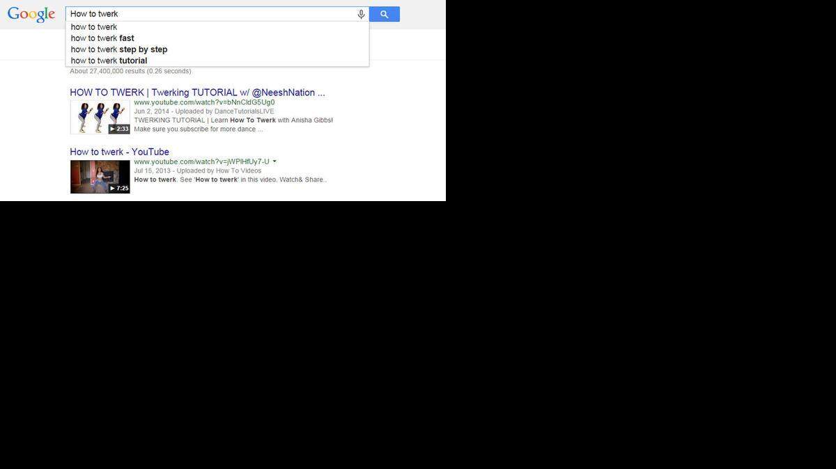 
Some popular “how to” Google searches: Kissing, flirting, fighting and twerking, displayed here.
