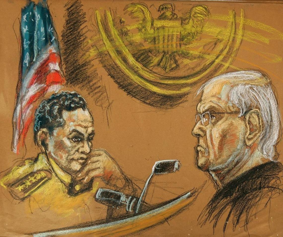 In this Shirley Henderson courtroom drawing, former Panamanian dictator Manuel Noriega faces Judge William Hoeveler during a 2007 hearing in Miami to decide where Noriega would go after he was released from prison.