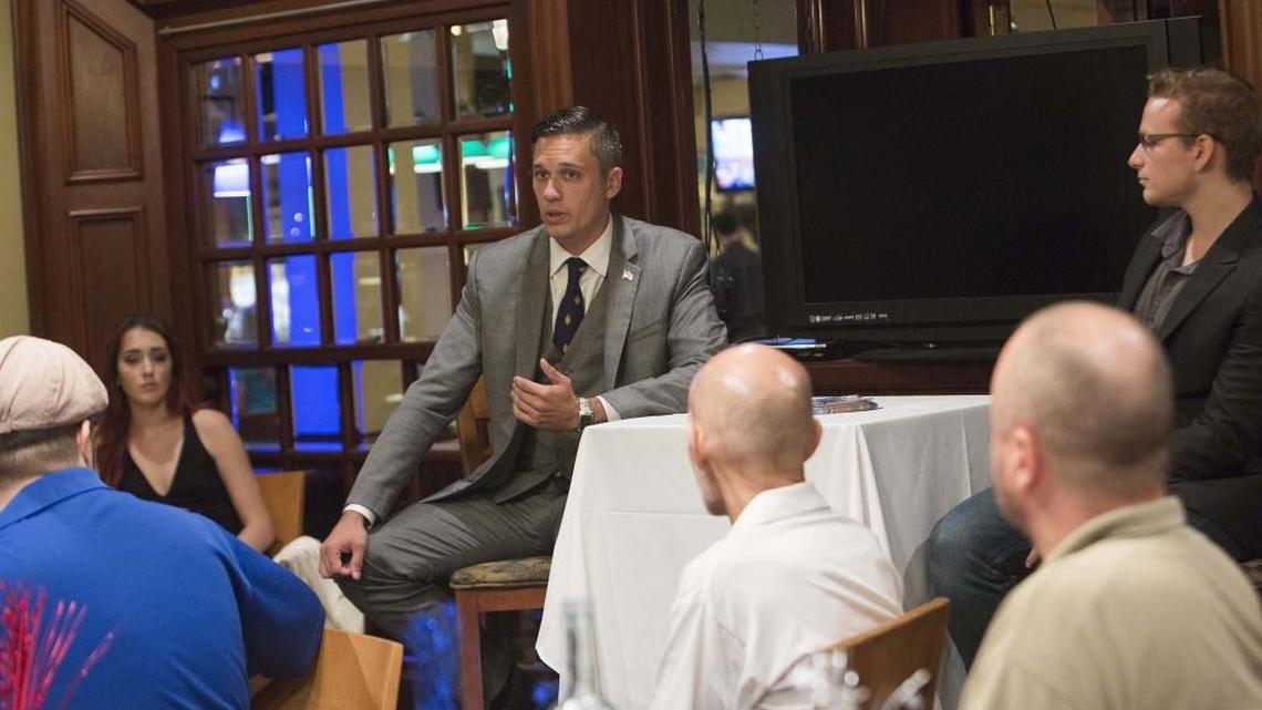 Augustus Invictus, talks during a Libertarian Party meeting that is hosting a town hall ahead of the Aug. 30 primary in Coral Gables, at John Martin's Irish Pub and Restaurant, , Coral Gables, on Tuesday August 23rd, 2016.