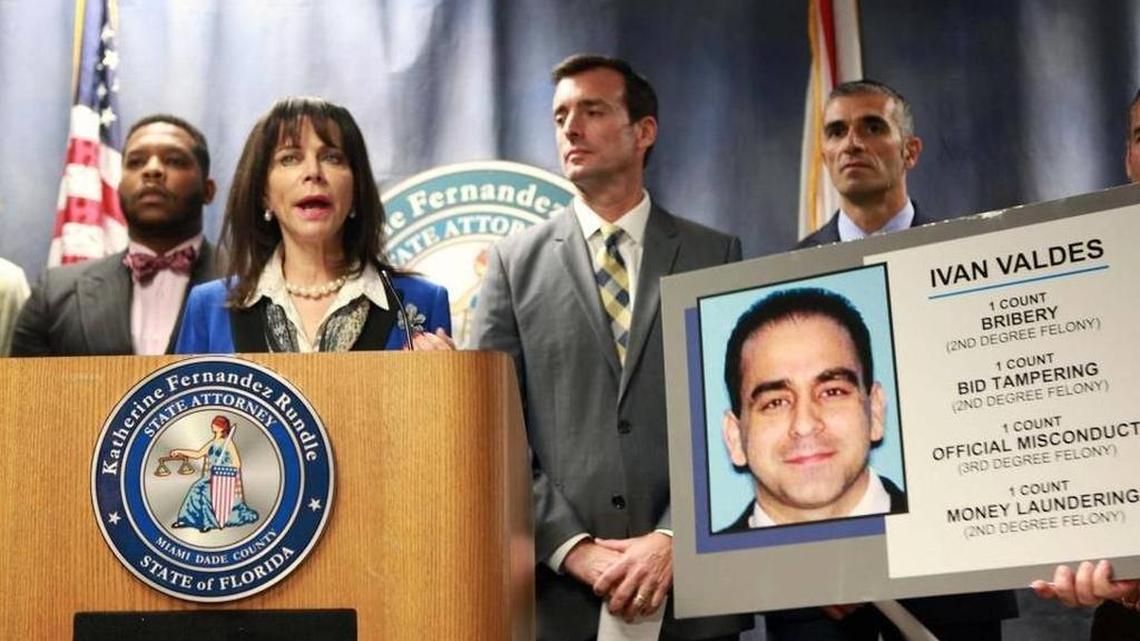 Miami-Dade State Attorney Katherine Fernandez-Rundle, U.S. Attorney Wifredo Ferrer and FBI Special Agent in Charge George Piro discuss the $5 million corruption case against Miami International Airport maintenance director Ivan Valdes at a news conference in September.