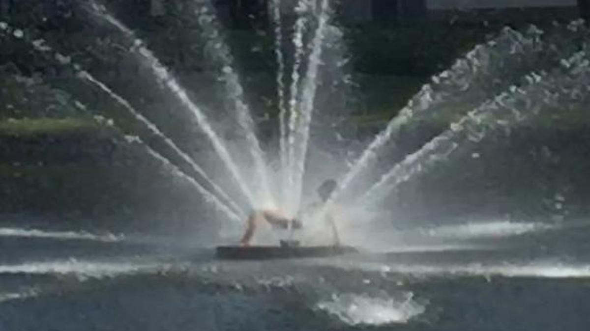Fire officials say a woman swam out to the fountain in the middle of a lake in Lauderhill on Thursday.