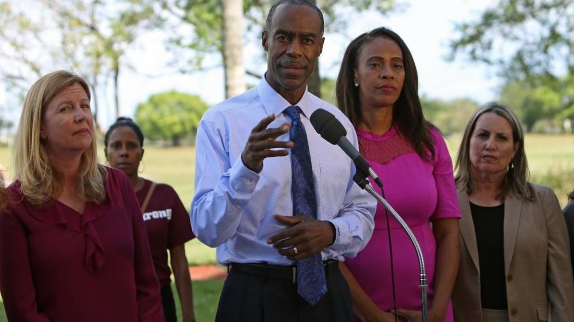 Superintendent Robert Runcie talks alongside Broward County School Board members during a press conference at Pine Trails Park on Tuesday, February 28, 2018, as students return for the first time since 17 people were killed in a mass shooting at the school in Parkland on Feb. 14.
