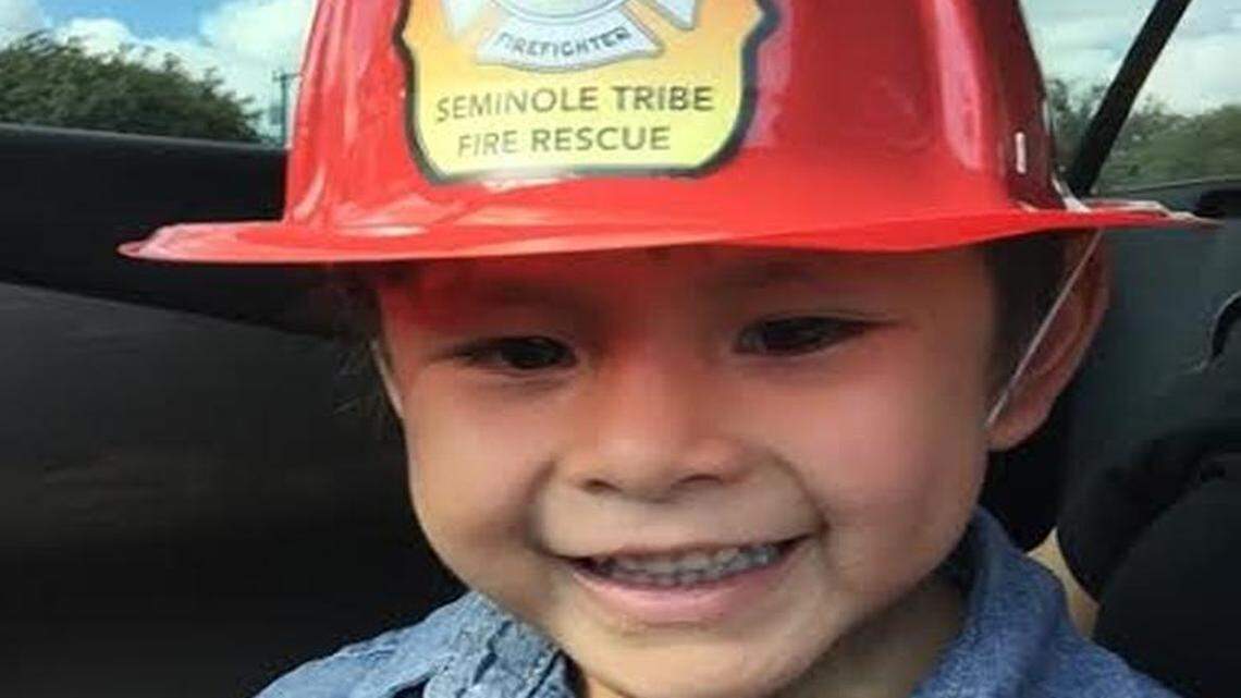 
Ahziya Osceola, 3, wears a fireman’s helmet only months before he was killed.
