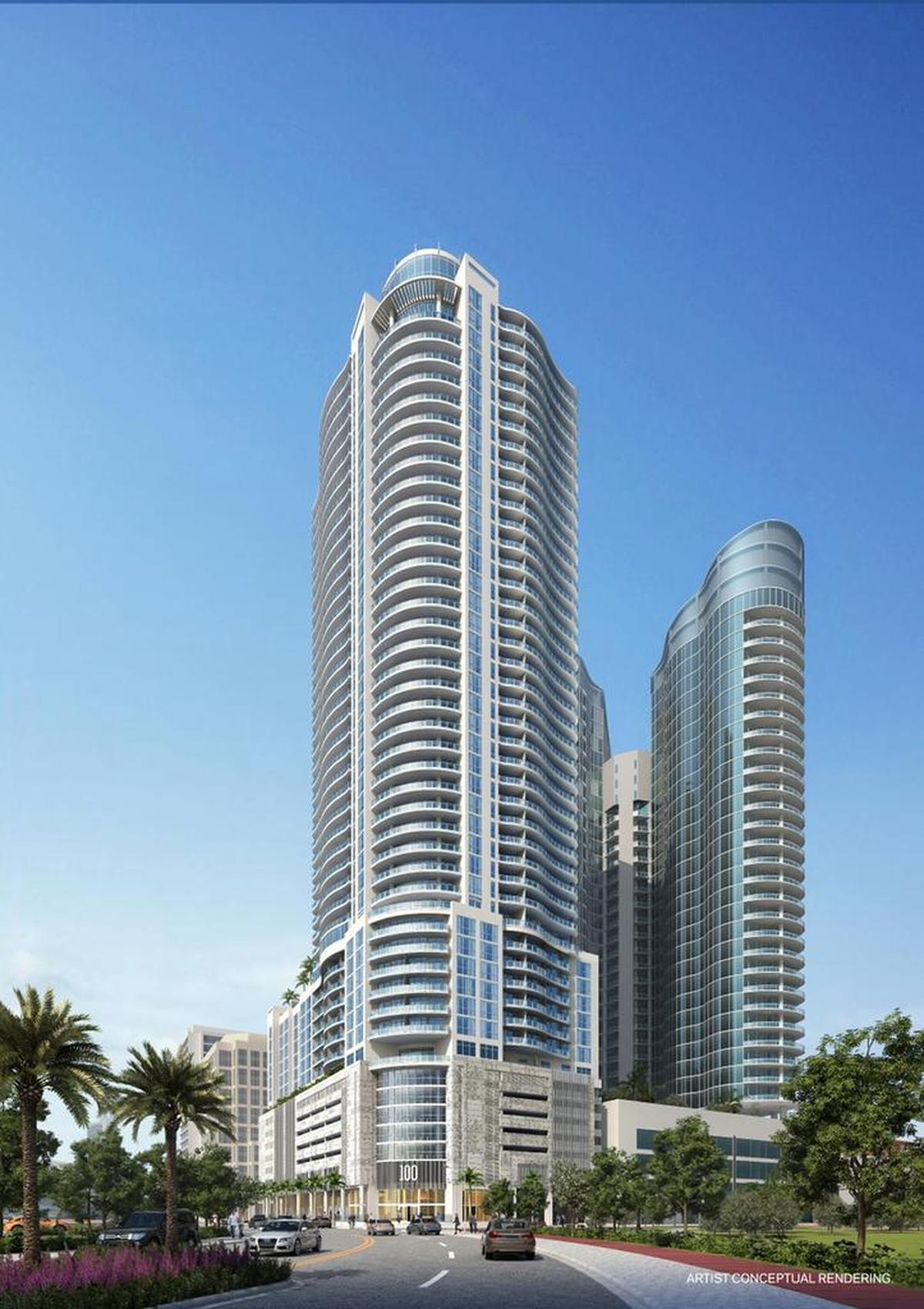 A rendering of the 100 Las Olas condo tower now under construction in downtown Fort Lauderdale. It will be the tallest building in Broward County.