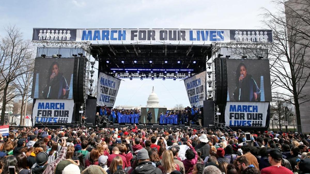 Jennifer Hudson and the DC choir perform ‘The Times They Are A Changin’ ’ during the March for Our Lives rally in support of gun control, Saturday, March 24, 2018, in Washington.