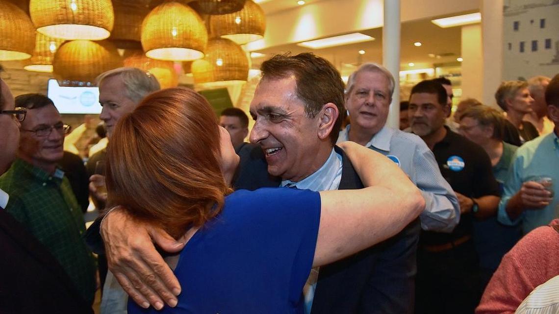 Dean Trantalis celebrates winning the election for mayor of Fort Lauderdale with his friend Yvonne Rohrbach, Tuesday, March 13, 2018, at Thasos Greek Taverna. Trantalis, a Wilton Manors attorney, will become Fort Lauderdale’s first openly gay mayor. He defeated Bruce Roberts.