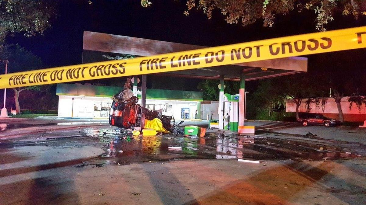 A driver slammed into a gas pump at a Dania Beach BP station Tuesday night, May 23, 2017, killing one person, shearing off the fuel pump and sending car parts flying more than 50 feet.