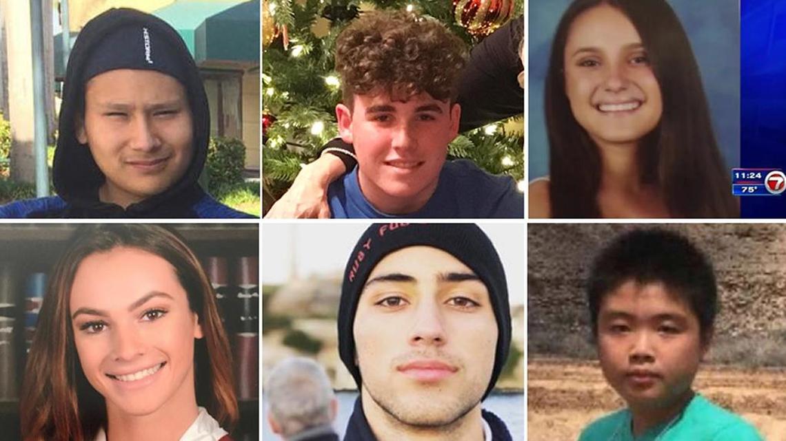 Top row from left: Martin Duque; Luke Hoyer and Alyssa Al Hadeff. Second row from left: Meadow Pollack, Joaquin Oliver and Peter Wang