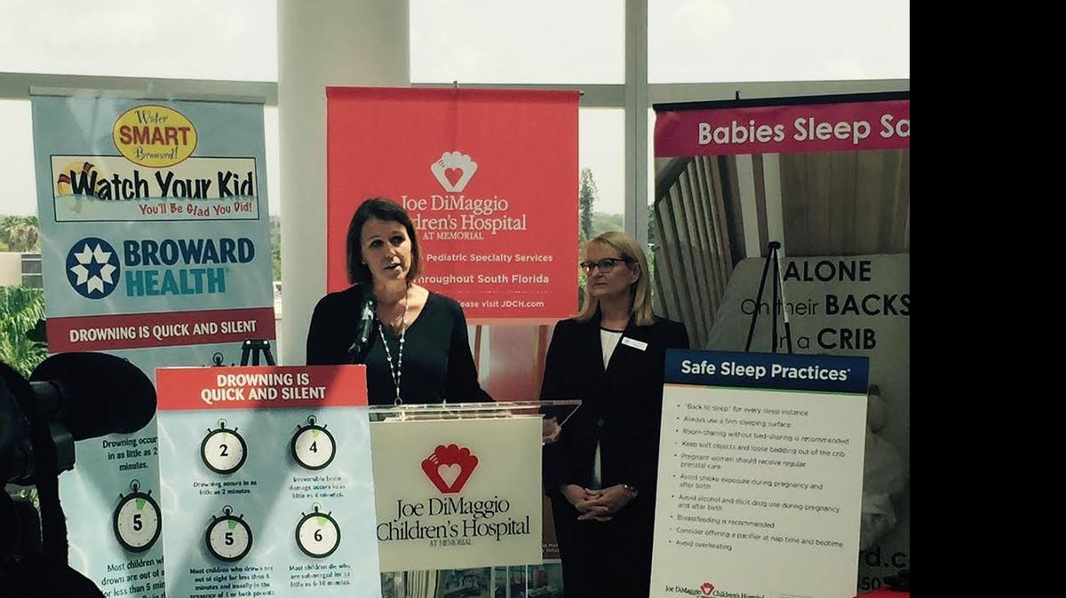 
Cassie McGovern tells her family’s tragic story, losing her 19-month-old daughter to drowning in 2009, with the hope of preventing future tragedies. At right, is Kim Gorsuch of the state Department of Children & Families.

