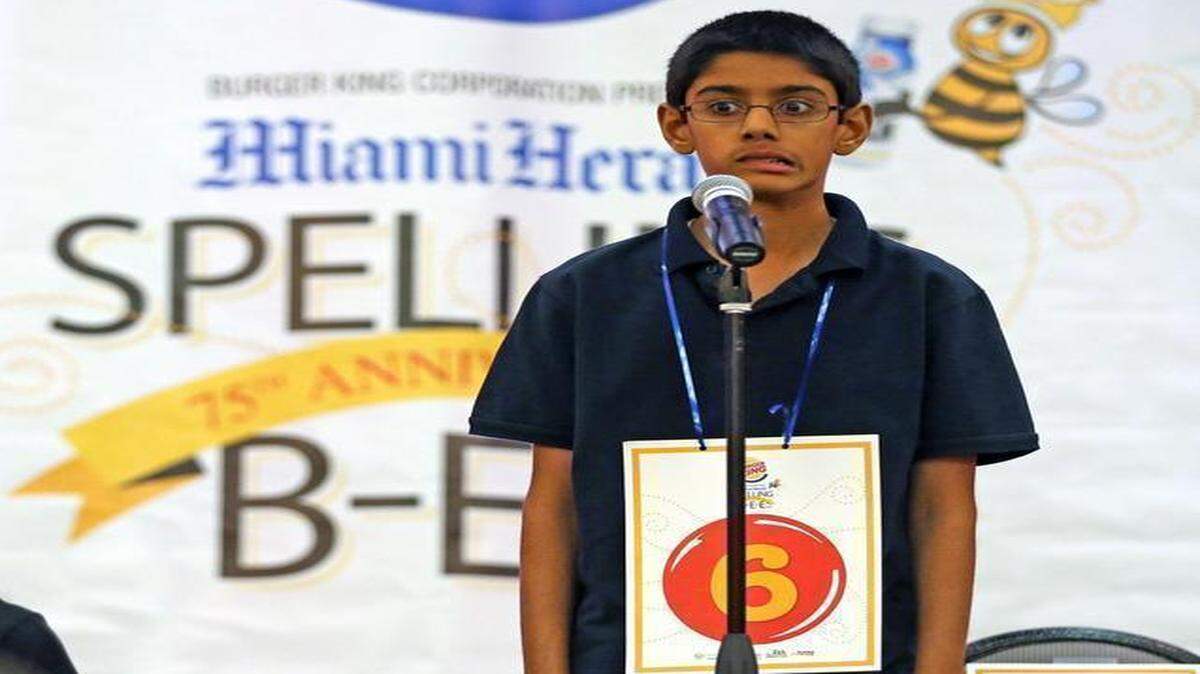 
Akash Deo of North Broward Prep, reacts as he hears a difficult word in the early rounds of the middle school competition at the 75th Annual Miami Herald Spelling Bee in Davie, Fla., March 10, 2015.
