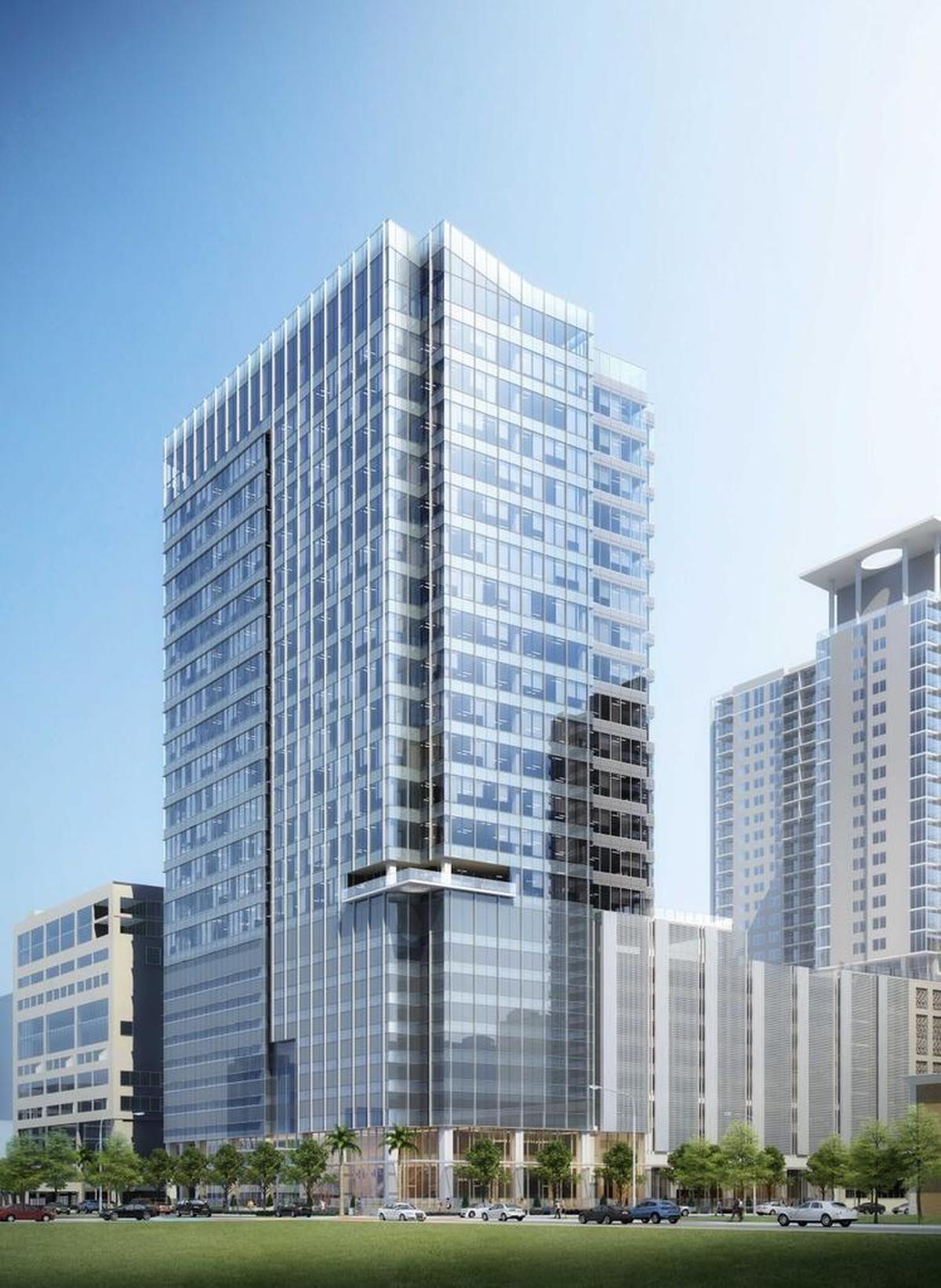 A rendering of a planned office tower by Stiles Corporation in downtown Fort Lauderdale. A planned residential tower, also by Stiles, is visible to the right.