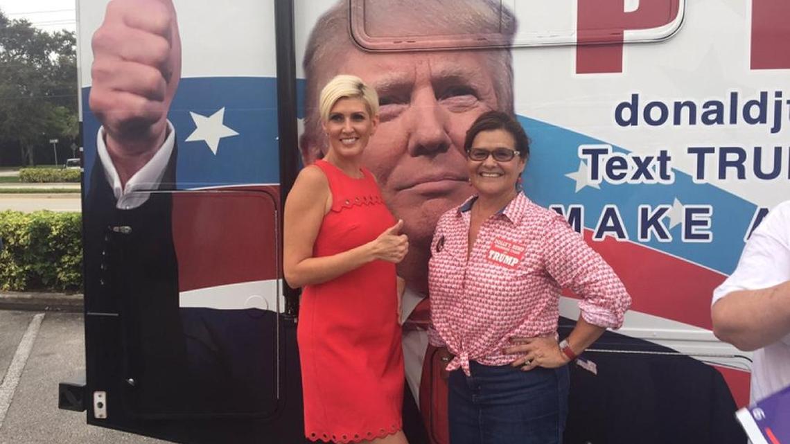 Dolly T. Rump, right, resigned from the Broward Republican Executive Committee board. She was pictured in front of the Trumpmobile outside of Wings Plus in Coral Springs during the primary next to Haley Baumgartner, left, who briefly worked on the campaign.